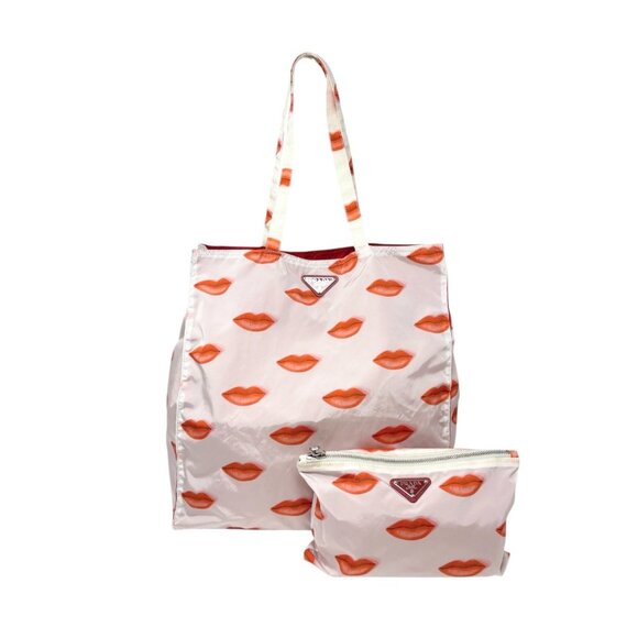 PRADA Vintage Triangle Logo Lip Print Shopping Tote Bag Pouch White Red [106202] - Picture 3 of 16